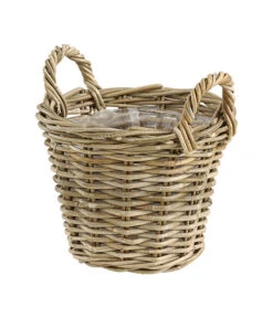 Van Der Leeden Rattan-Korb Mit Henkeln, Rund, Grau-braun